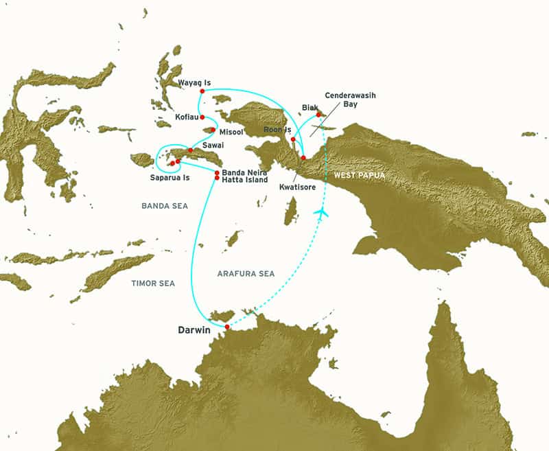 Route map of reverse Spice Islands & Raja Ampat small ship cruise, operating between Biak, West Papua, Indonesia & Darwin, Australia, with visits to Banda Neira, Spice Islands, Molana & Saparua Islands,Seram Island, Misool, Kofiau Island, Wayag Island, Cenderawasih Bay & Kwatisore Village.