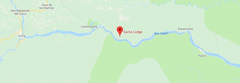 Map showing the placement of Sach Lodge, at Lake Pilchicocha along the Napo River in eastern Ecuador's Amazon rainforest basin.