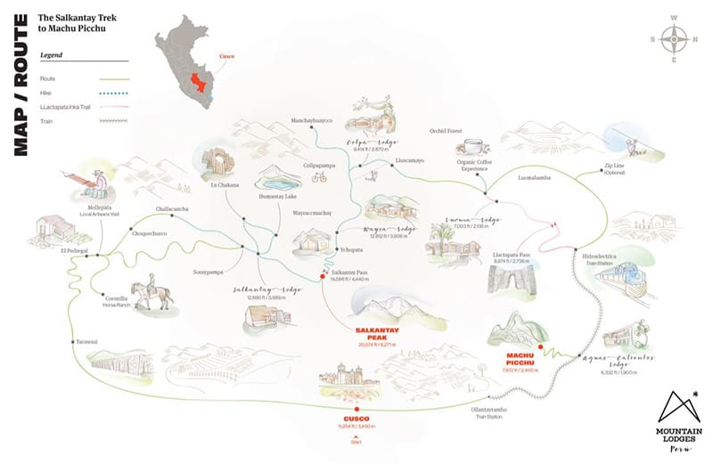 Route map of Salkantay Trek to Machu Picchu, operating in the Andes mountains, roundtrip from Cusco, Peru with stops at Salkantay Lodge, Humantay Lake, Salkantay Pass, the Santa Teresa River Valley, Llactapata Pass and Machu Picchu.