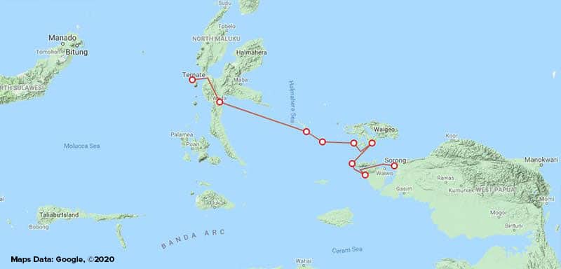 Route map for small ship cruise Sailing Indonesia: the Spice Islands Exquisite Birds of Paradise alternative itinerary between Ternate and Sorong with stops at Halmahera, Gebe, Kofiau, Raja Ampat, Gam, Mioskon, Waigeo, Batanta and Salawati.