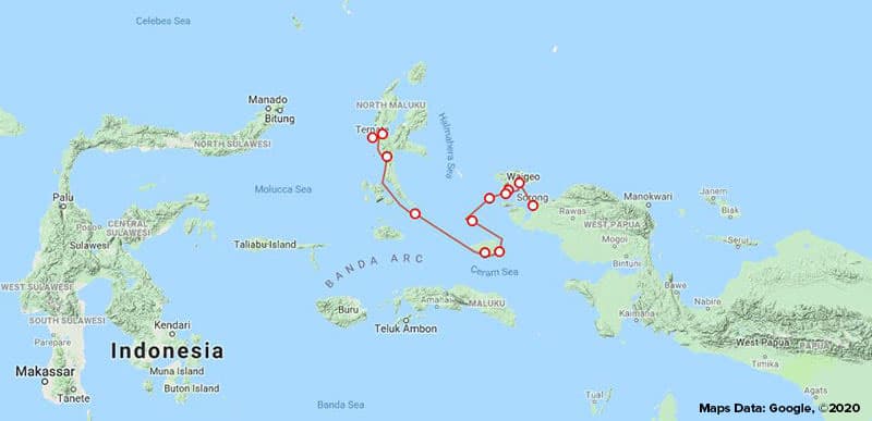 Route map for small ship cruise Sailing Indonesia: the Spice Islands main and reverse itinerary between Ternate and Sorong with stops at Halmahera, Raja Ampat, Gam and Waigeo.