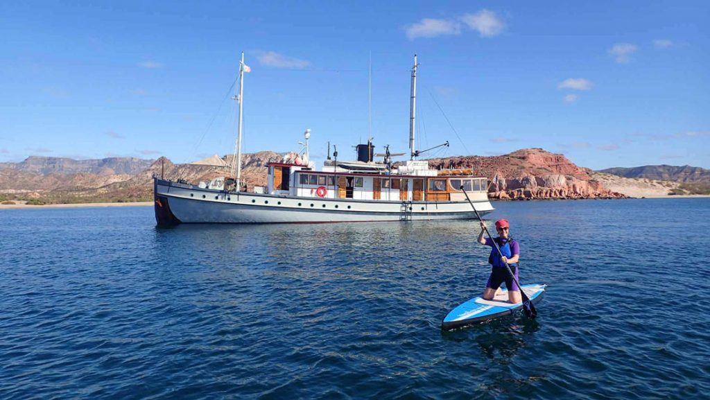 a woman on a paddleboard smiles while floating in front of the westward baja california small ship on a sunny day in the sea of cortez
