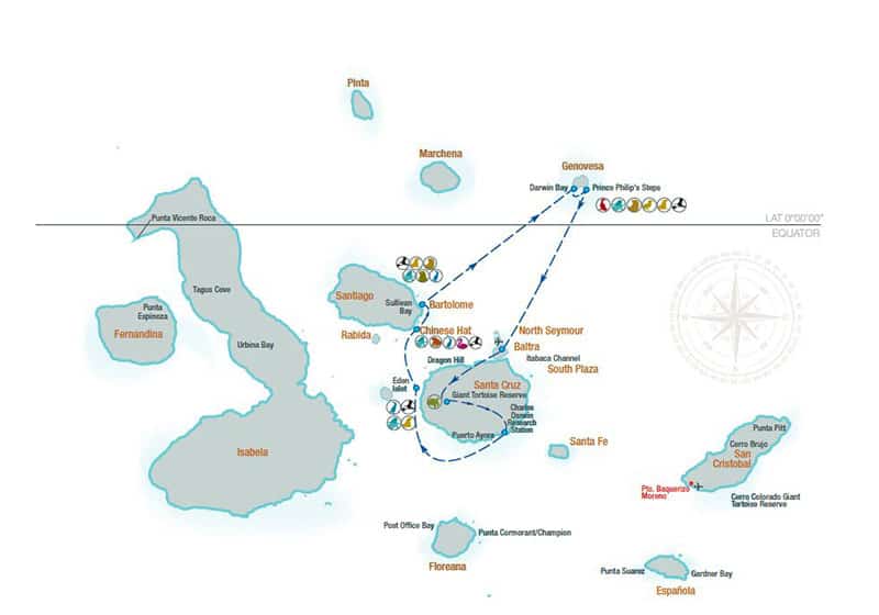 Route map for La Pinta 5-Day North Galapagos Cruise with visits to Baltra, Santa Cruz, Santiago, Bartolome and Genovesa Islands.