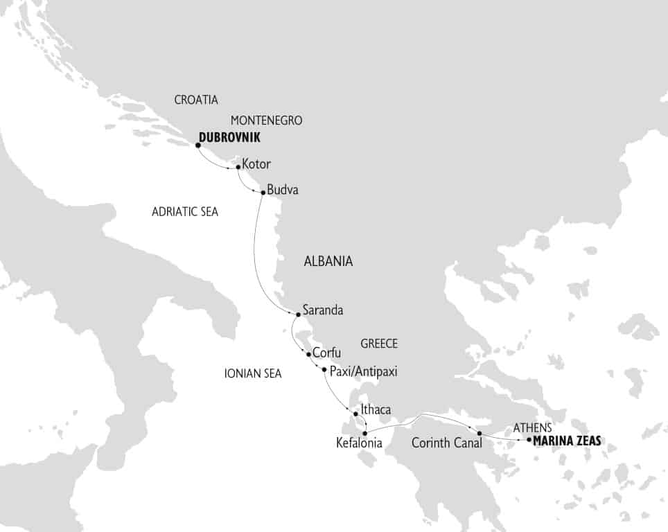 Map in grey tones showing the Adriatic Sea coastline and the route of a small ship cruise sailing from Athens to Dubrovnik