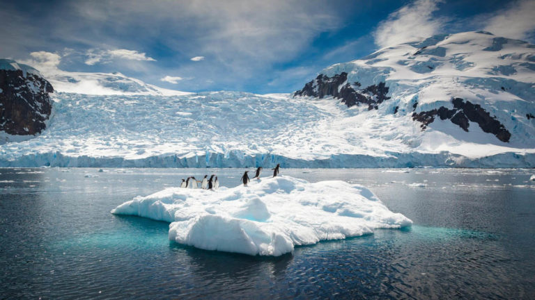 a group of penguins standing on a floating iceberg in the antarctic ocean on a mostly sunny day with mountains behind them