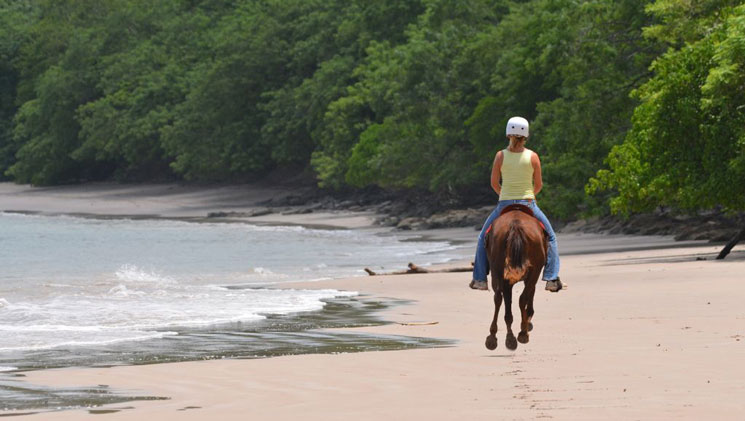 Girl in white helmet, yellow tank top & jeans rides a brown horse on the beach beside lush rainforest on the Costa Rica Family Adventure.