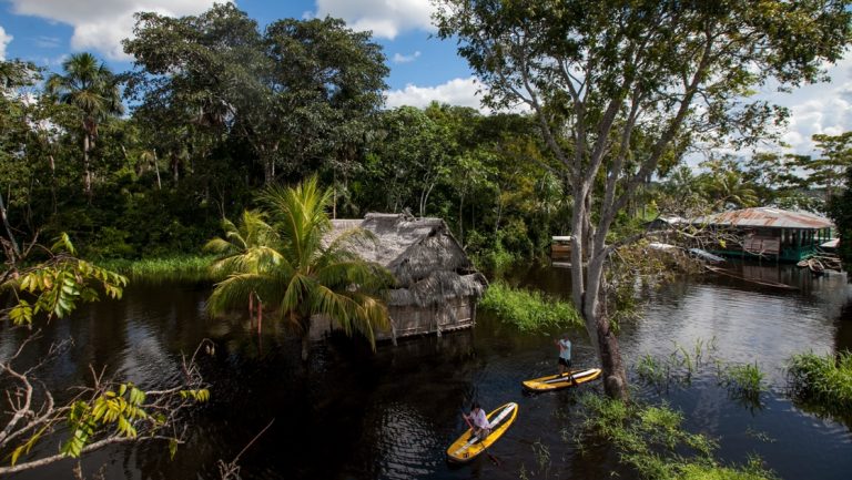 Aerial view of Amazon travelers on yellow stand-up paddleboards among palm trees & thatch houses built over the water.
