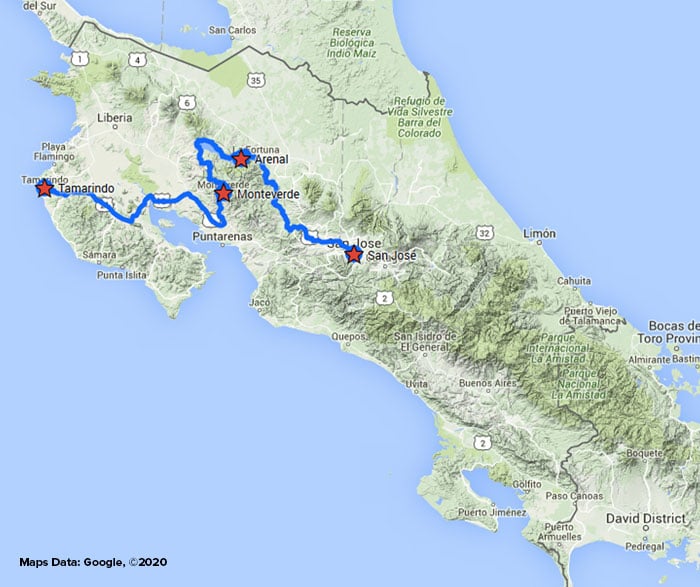 Costa Rica Family Adventure route map.