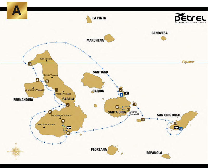 A map of the Galapagos Petrel itinerary A cruise around the Western Galapagos Islands with blue lines showing the path of the catamaran.