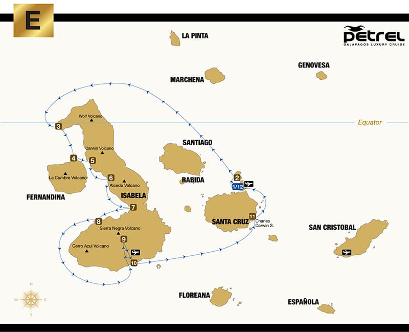 A map showing in a blue line the path of the Galapagos Petrel itinerary E short Western Galapagos Islands cruise taking only 6 days.