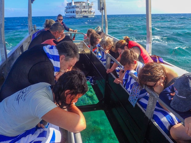 A group of people look underwater aboard a glass bottom boat with a small ship in the background