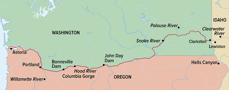 Route map of Spring Bloom departures of the Columbia & Snake Rivers Journey small ship cruise, operating between Portland, Oregon, and Clarkston, Washington, with visits along the Columbia, Hood & Palouse Rivers, including Walla Walla.