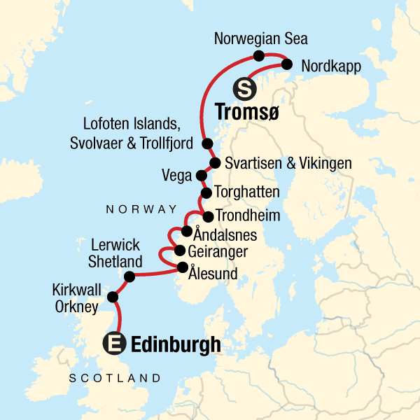 Route map of Norwegian Fjords Aboard Expedition Northern Europe cruise, operating from Tromso, Norway, to Edinburgh, Scotland, with visits to Nordkapp, the Lofoten Islands of Svolvaer & Trollfjord, Svartisen, Vikingen, Vega, Torghatten, Trondheim, Andalsnes, Geiranger, Alesund, Lerwick/Shetland & Kirkwall/Orkney.