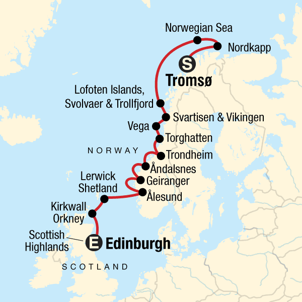 Route map of 16-day Cruise the Norwegian Fjords with Scottish Highlands voyage, operating from Tromso, Norway, to Edinburgh, Scotland, with visits to Nordkapp, the Lofoten Islands of Svolvaer & Trollfjords, Svartisen, Vikingen, Vega, Torghatten, Trondheim, Andalsnes, Geiranger, Alesund, Lerwick/Shetland, Kirkwall/Orkney & the Scottish Highlands.