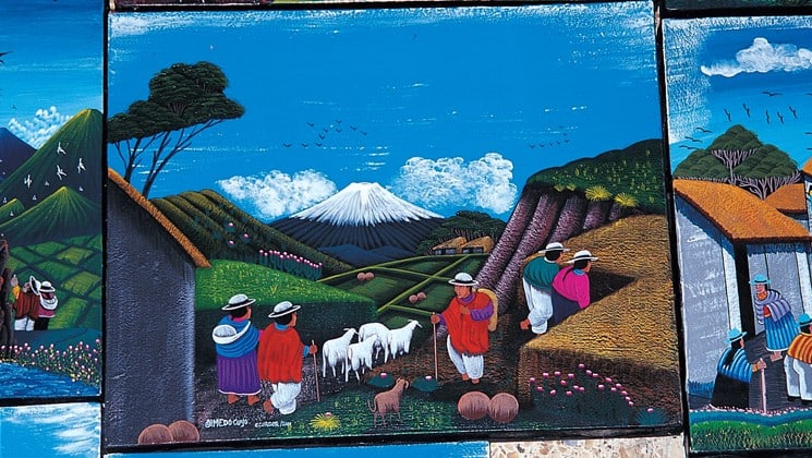 painting of otavalo at market on otavalo escape ecuador land tour