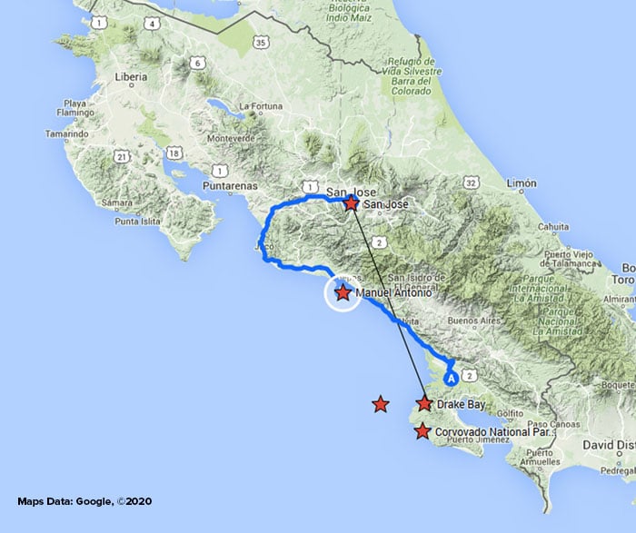 Pacific Costa Rica route map.