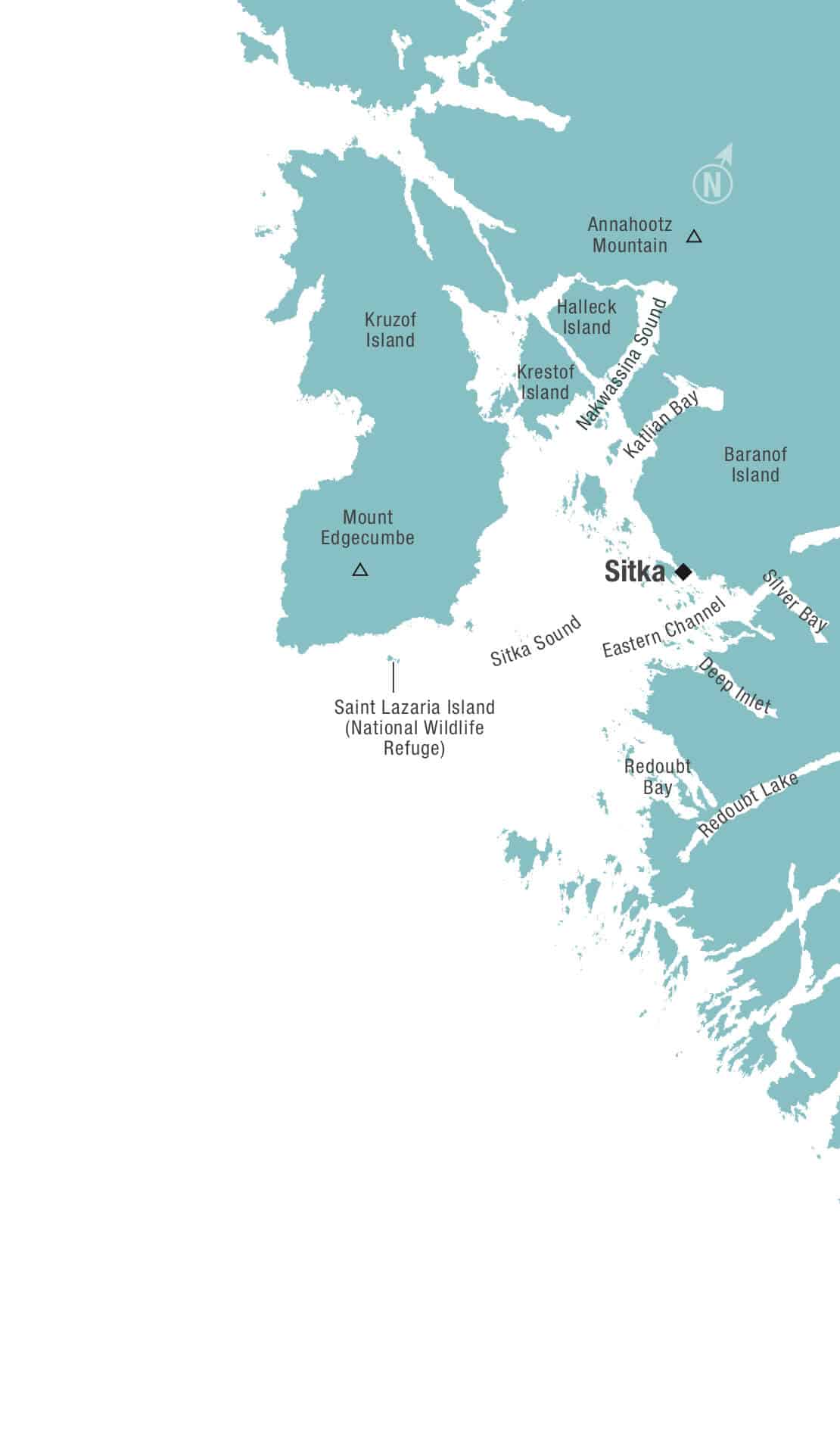 Route map of Alaska's Spring Wilderness and Wildlife Safari in the Sitka Sound of Alaska