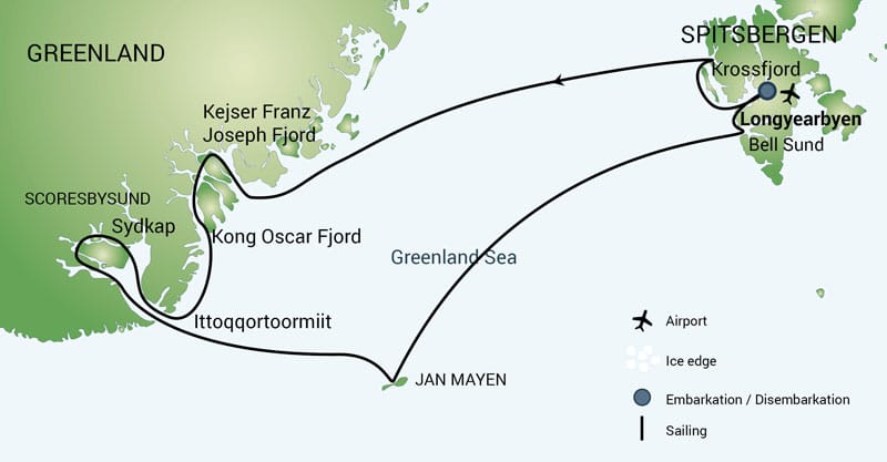 Route map of Spitsbergen - Greenland - Jan Mayen Arctic voyage, round-trip counterclockwise from Svalbard.