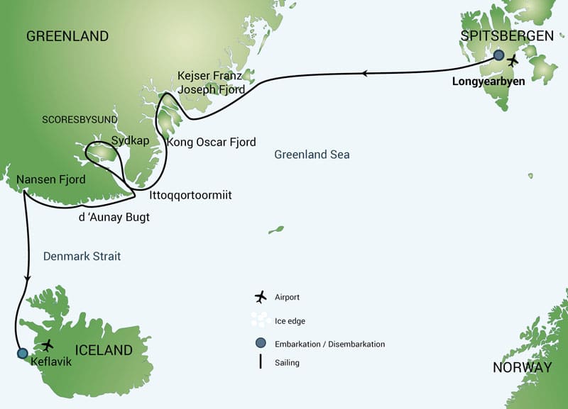 Route map of Northeast Greenland-Scoresby Sund, Nansen Fjord Arctic voyage between Spitsbergen & Keflavik, Iceland.