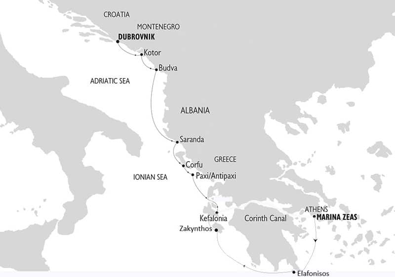 Map in grey tones showing the Adriatic Sea coastline and the route of a small ship cruise sailing from Athens to Dubrovnik in 2022