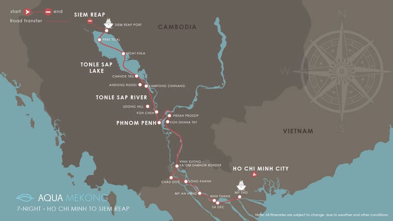 Route map of Aqua Mekong River Cruise 8-Day High-Water Up-River small ship expedition from Saigon, Vietnam to Siem Reap, Cambodia, with stops at My Tho, Binh Thanh, Sa Dec, My An Hung, Chau Doc, Vinh Xuong, Koh Oknha Tey, Preah Prosop, Phnom Penh, Koh Chen, Kampong Chhnang, Chnok Tru, Moat Khla, Prek Toal & Tonle Sap Lake.