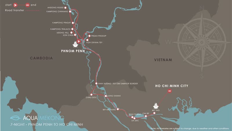 Route map of Aqua Mekong River Cruise 8-Day Low-Water Down-River small ship expedition from Siem Reap, Cambodia, to Saigon, Vietnam, with stops at Phnom Penh, Koh Chen, Kampong Prasat, Kampgon Chhnang, Kampong Tralach, Koa Oknha Tey, Preah Prosop, My An Hung, Binh Tranh, Sa Deck, Cai Be & My Tho.