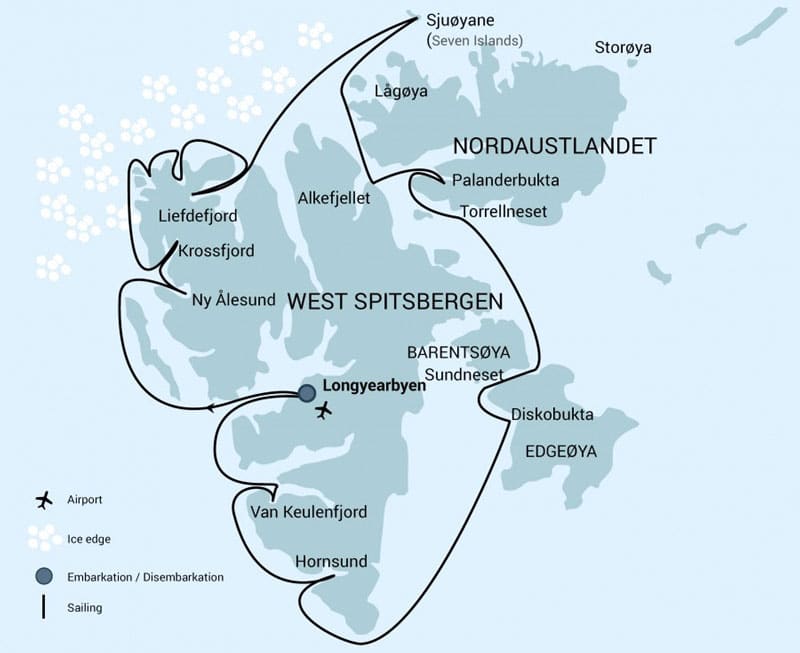 Route map of Around Spitsbergen Arctic small ship cruise, operating round-trip from Longyearbyen, Norway and circumnavigating the island of Spitsbergen, with stops at Krossfjorden, Ny Ålesund, Liefdefjorden, Monaco Glacier, Phippsøya, Nordaustlandet, Barentsoya Island, Bell Sund & Ahlstrandhalvøya.
