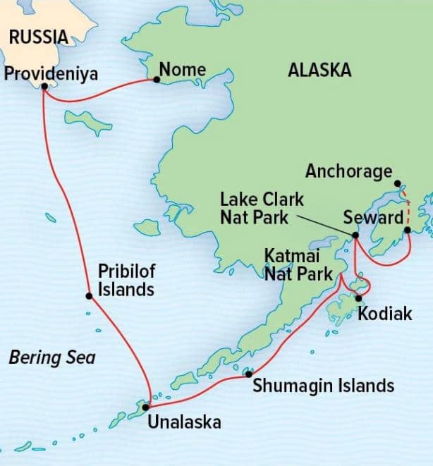 Route map of Bering Sea Wilderness: Pribilofs, Katmai & Kodiak small ship cruise, operating round-trip from Anchorage, Alaska, with visits to Katmai, Kodiak, the Aleutian & Pribilof Islands, Nome & Provideniya, Russia.