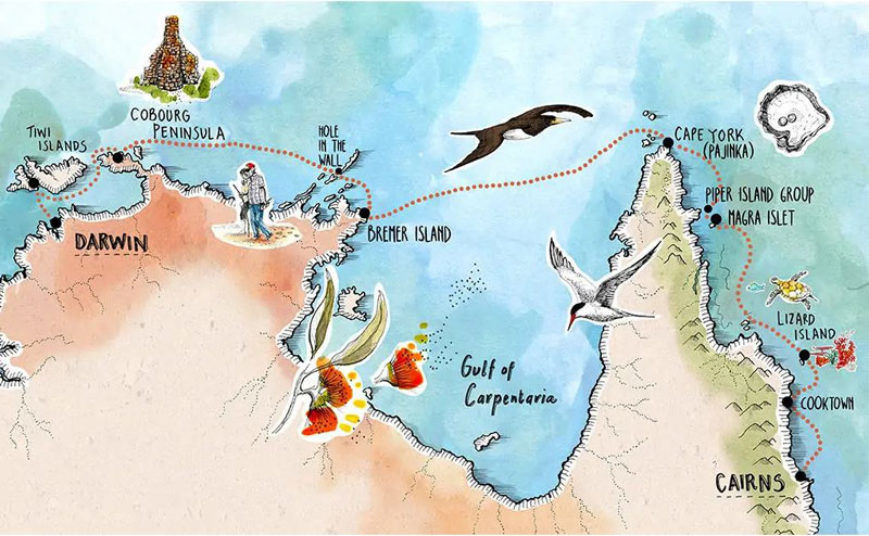 Route map of eastbound Cape York & Arnhem Land cruise in Australia, operating between Cairns and Darwin with visits to Cooktown, Lizard Island, Magra Islet, Piper Island Group, Bremer Island, Hole in the Wall & Cobourg Peninsula.
