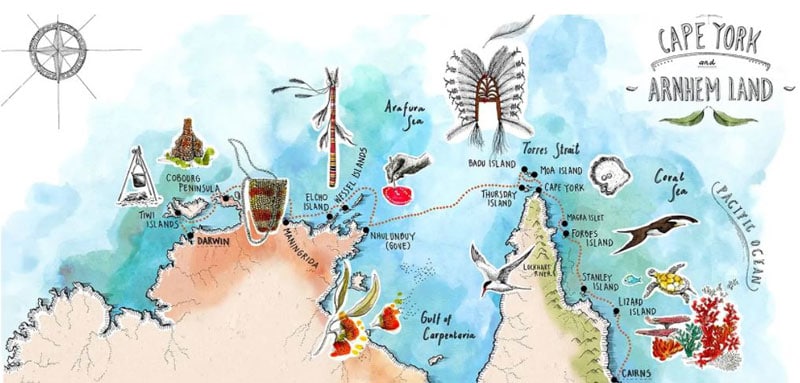 Route map of westbound Cape York & Arnhem Land cruise in Australia, operating between Darwin and Cairns with visits to Tiwi Islands, Cobourg Peninsula, Maningrida, Nhulunbuy (Gove) & the islands of Elcho, Wessel, Thursday, Badu, Moa, Magra, Forbes, Stanley & Lizard.