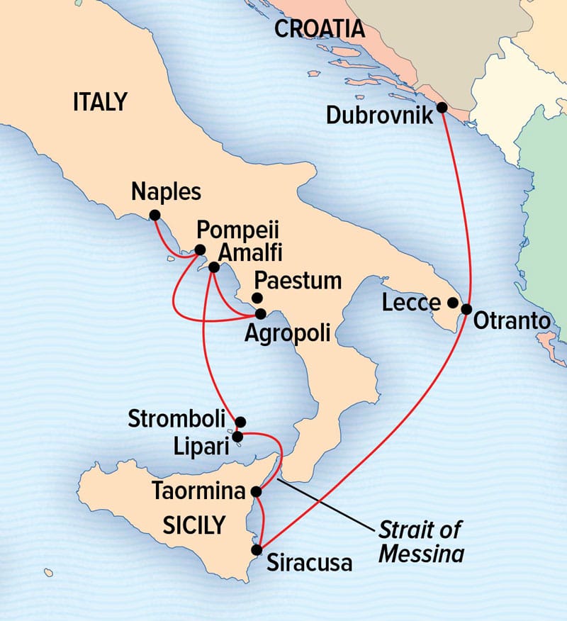 Route map of main & reverse Mediterranean Gems: Sailing From Dubrovnik to Naples small ship cruise, operating between Dubrovnik, Croatia and Naples, Italy, with visits to Otranto & Leece. Gerace, Siracusa, Taormina, Lipari & Stromboli, Amalfi & Ravello, Paestum & Pompeii.