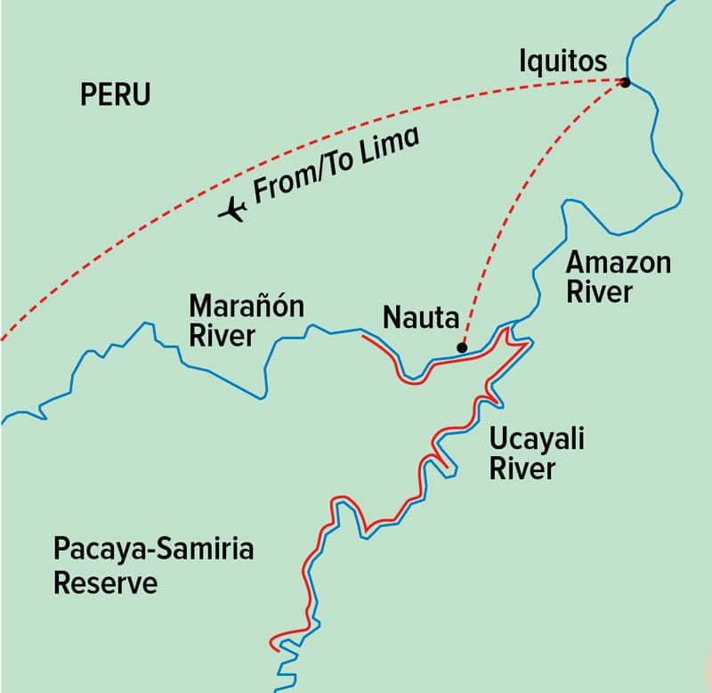 Upper Amazon Pacaya-Samiria Reserve Delfin II cruise route map.
