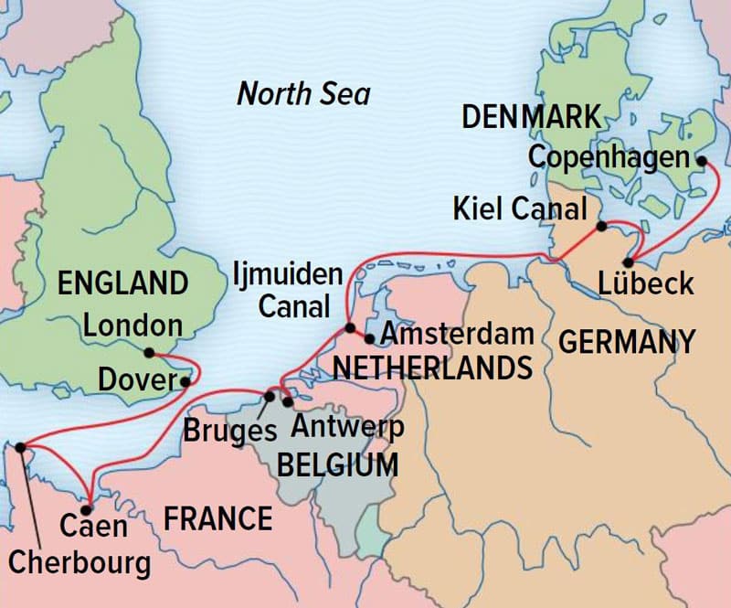 Route map of North Sea Voyage: Northern Europe & The Normandy Beaches cruise from Copenhagen, Denmark, to London, England, with visits to France, Belgium, the Netherlands & Germany.