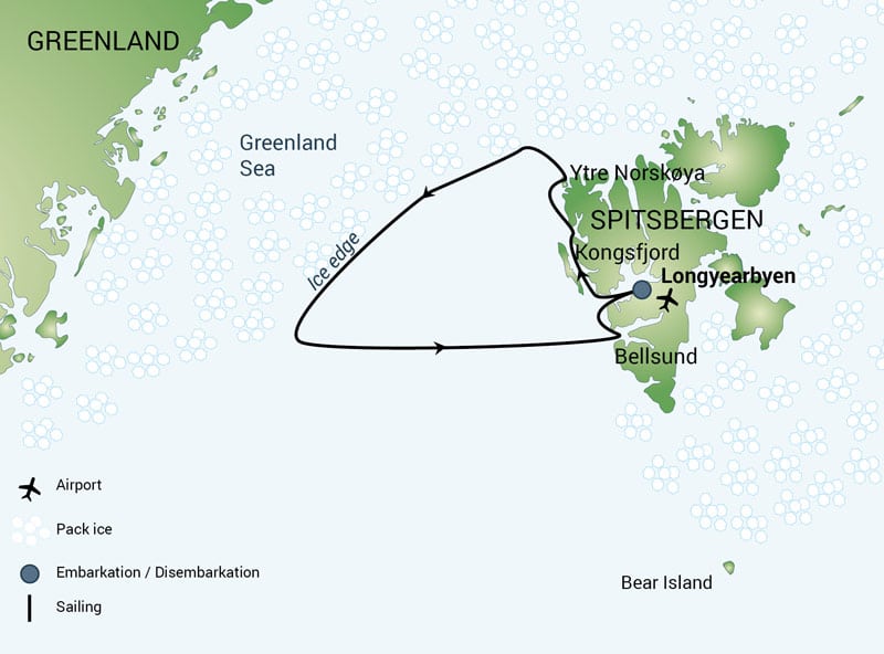 Route map of North Spitsbergen, Along the Pack Ice, Bowhead Whales & Polar Bears voyage operating round-trip from Longyearbyen, Norway.