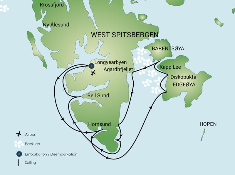 Route map of East Spitsbergen - Summer Solstice voyage round-trip from Longyearbyen, Norway, along Spitsbergen's southern end & east coast to Edgeøya Island & pack ice.