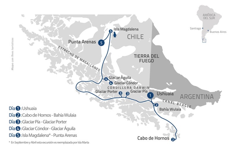 Route map of Patagonian Explorer Ushuaia to Punta Arenas 5-day small ship Patagonia cruise, operating from Ushuaia, Argentina to Punta Arenas, Chile with visits to Cape Horn & Wulaia Bay, Pia Glacier & Porter Glacier, Agostini Sound, Águila Glacier, Cóndor Glacier & Magdalena Island.