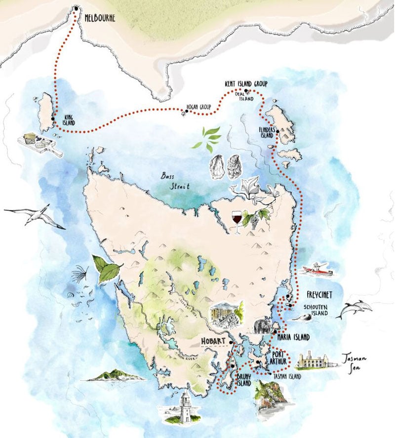 Route map of Tasmania's Bass Strait Islands small ship cruise, operating from Hobart to Melbourne, Australia, with visits along the eastern Tasmanian coast & islands north.