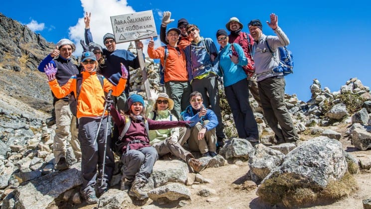 group shot of hikers on salkantay trek to machu picchu peru land tour