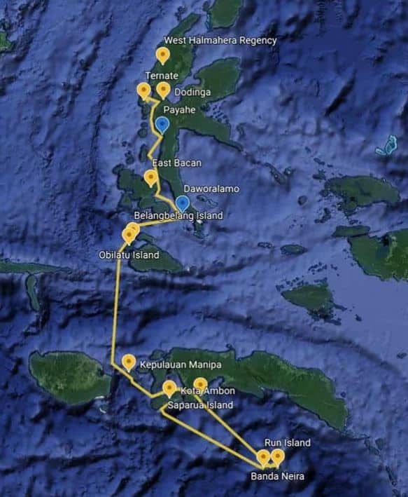 A map showing a Spice Islands cruise route from Ambon to Ternate with a yellow line marking the route