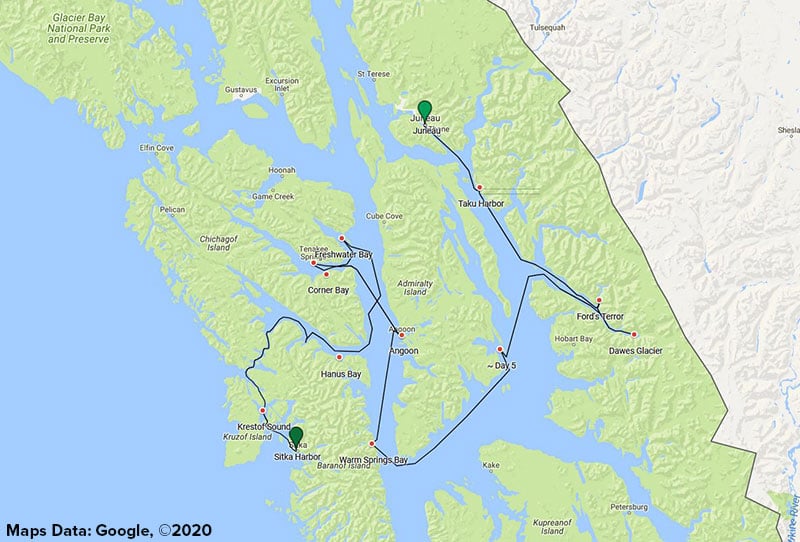 Route map of main & reverse Alaska's Western Passages small ship cruise, operating from Sitka to Juneau, with visits to Stephens Passage; Warm Springs Bay; Freshwater Bay; Baird, Le Conte and Dawes Glaciers; Hidden Falls Hatchery and Tenakee Springs.