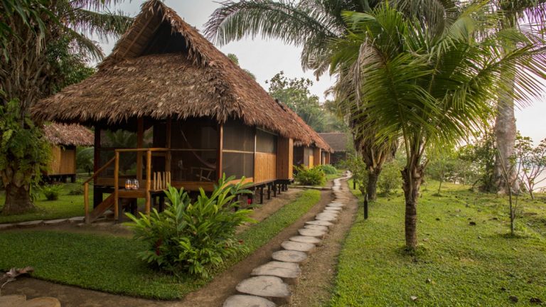 The exterior of a cabana hut at Inkaterra Reserva Amazonica with a thatched roof and covered patio. The eco-luxury lodge has four cabana options, with authentic, tall fishtail palm rooftops and indigenous architectural design.