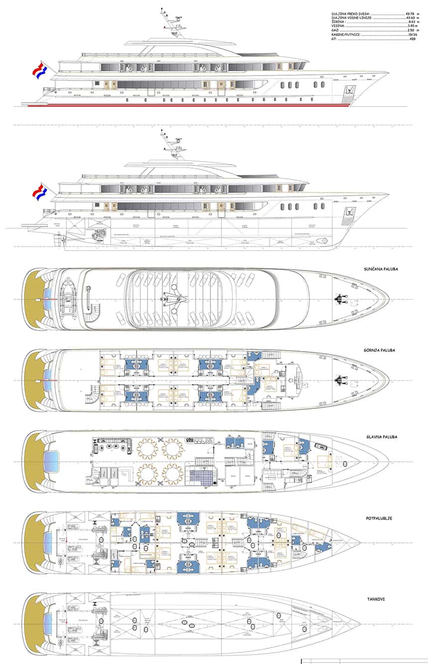 Deck plan of Aurelia small deluxe Mediterranean yacht, showing 5 decks with guest cabins across 3.