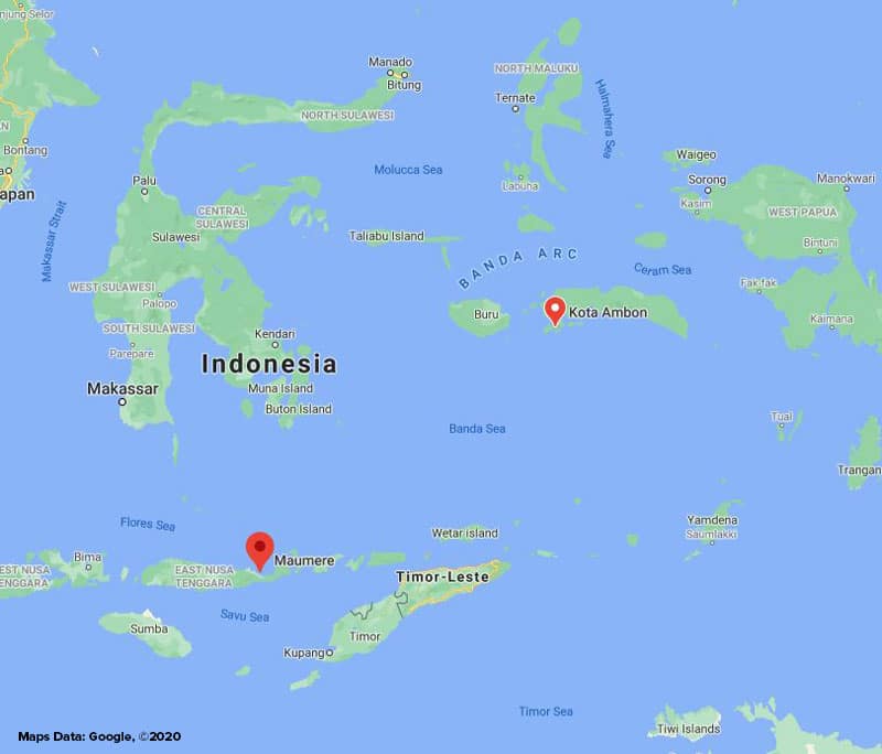 Route map of East Indies Spice Exploration Indonesia small ship cruise, operating between Maumere & Ambon, through the Banda Sea.