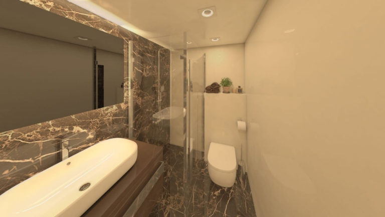 Rendering of deluxe Mediterranean yacht Adriatic Sky, showing cabin bathroom with wide raised sink basin, glass shower, toilet, large rectangular mirror over sink and marble accents.