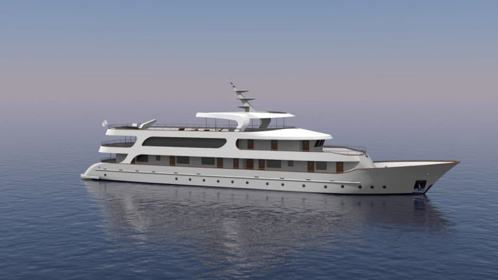 Rendering of deluxe Mediterranean yacht Adriatic Sky, showing exterior starboard side with four passenger decks.