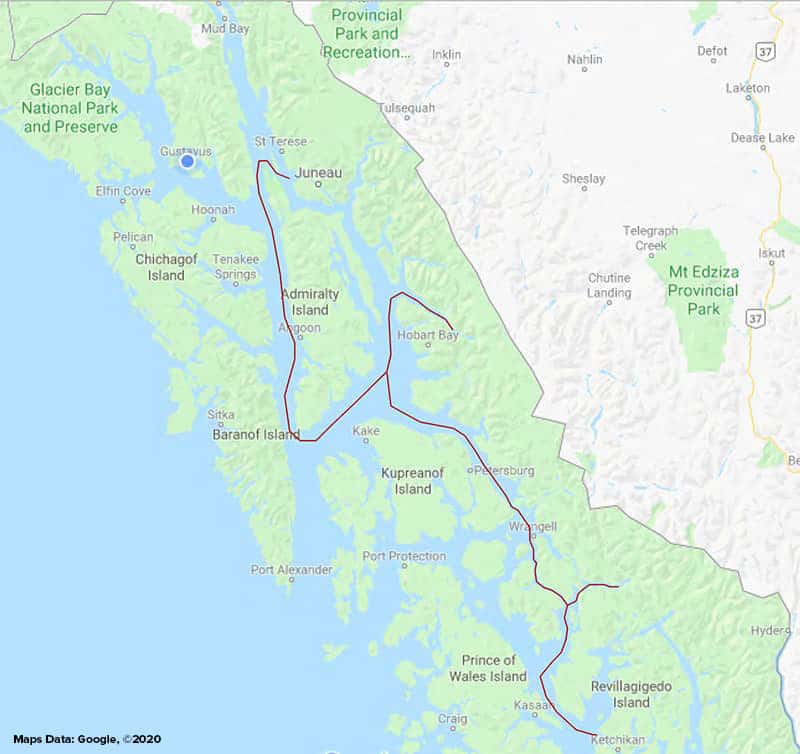 Route map of 10-day Sea Wolf Southeast Alaska Adventure small ship cruise, operating between Juneau and Ketchikan.