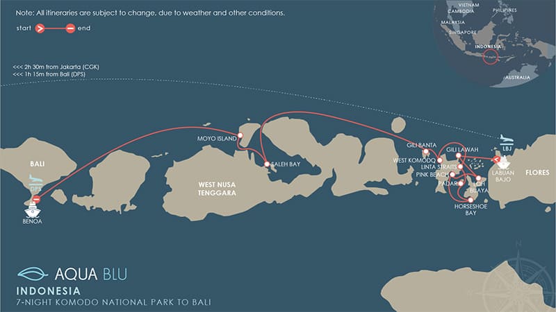 Route map of reverse Aqua Blu Komodo National Park Cruise in Indonesia, operating from Flores to Bali with visits to Moyo Island, Saleh Bay, Gili Banta, Batu Moncho Bay, Linta Strait, Padar, Horseshoe Bay, Pink Beach, Loh Buaya & Gili Lawa Laut.