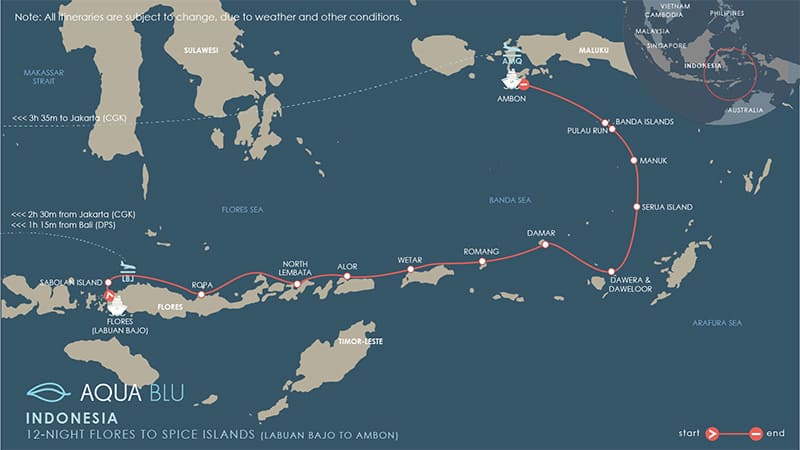 Route map of Aqua Blu Flores to Spice Islands Indonesia cruise, operating from Labuan Bajo to Ambon, with visits to Ropa & Kelimutu Volcano Lake; North Lembata; Pantar; Alor; The Forgotten Islands of Wetar, Romang, Nyata & Telang; Damar; Dawera; Daweloor; Serua Island; Pulau Manuk; Band Islands; Banda Neira & Pulau Run.