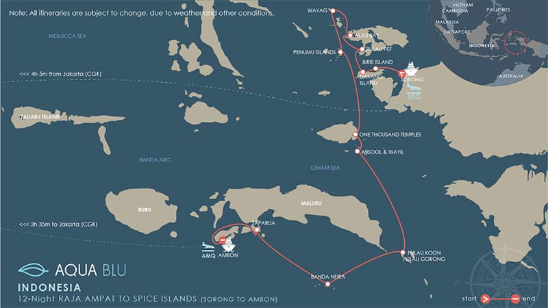 Route map of Aqua Blu Raja Ampat to Spice Islands Indonesia cruise, operating from Sorong to Ambon, with visits to Birie Island, Dayang Island, Aljui Bay, Pulau Pef, Pulau Wayg, Penemu Islands, One Thousand Templates, Wayil, Misool, Pulau Koon, Pulau Gorong, Band Islands, Banda Neira & Saparua.