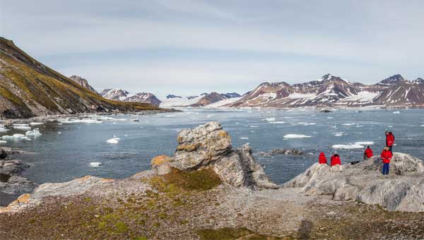 Arctic cruise travelers stand on top of a rocky hillside overlooking a bay with icebergs, with snow-touched mountains in the distance.